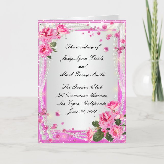 Carte de programme Roses roses et perles (Devant)