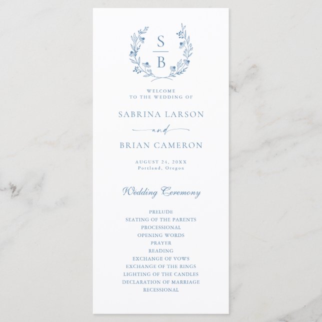 Carte de programme Royal Blue Monogram Botanique W (Devant)