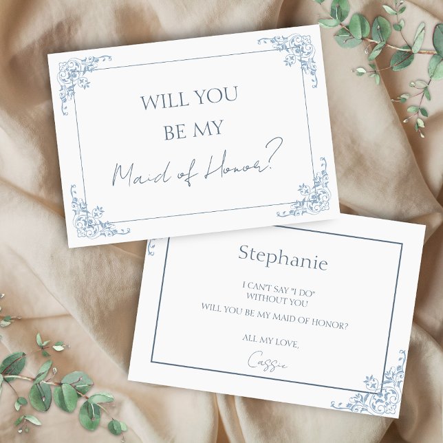 Carte de proposition Chic Blue and White Maid of H (elegant blue and white vintage minimalist will you be my maid of honor bridal proposal for matrons)