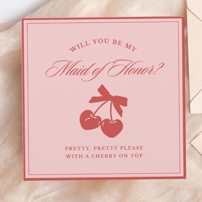 Carte de proposition Chic Pink Bow & Cherry Maid o (Say it with cherries! This playful maid of honor card is a sweet, fun way to pop the question.)