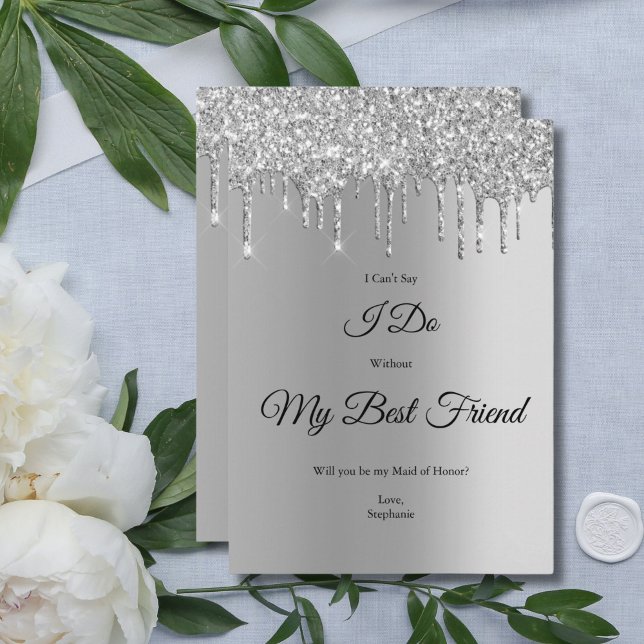 Carte de proposition de la Parties scintillant de  (Silver Dripping Glitter Bridesmaid Proposal Card Maid of Honor. Printed or Digital)