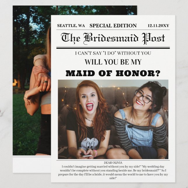 Carte de proposition de la servante d'honneur du j (Devant / Derrière)