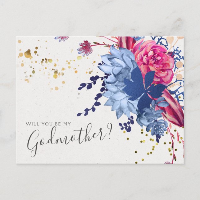 Carte de proposition de marraine florale bleue ros (Devant)