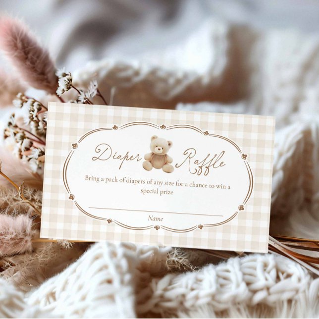 Carte de rabat à couches pour couches en peluche (Brown Teddy Bear Gingham Boy Baby shower Diaper Raffle Ticket)