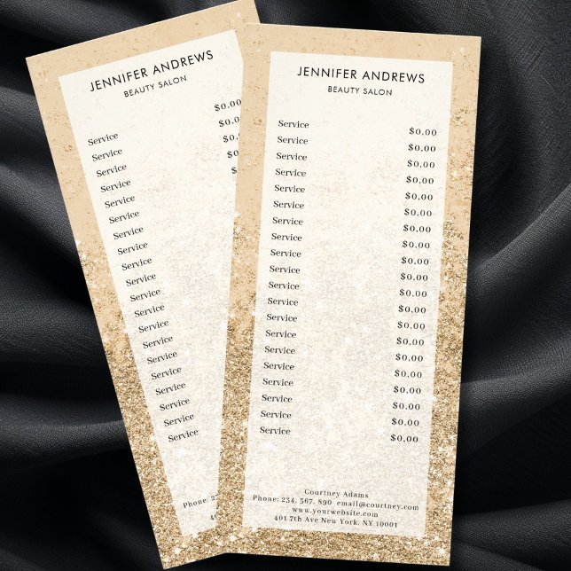 Carte de rack de liste de prix de salon de paillet (Modern Gold Glitter Salon Price List Rack Card)