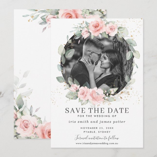 Carte de rappel chic rose blush florale pour photo (Devant / Derrière)