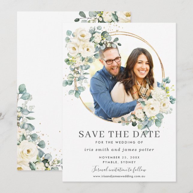 Carte de rappel de photo de mariage floral ivoire  (Devant / Derrière)
