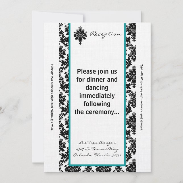 Carte de réception 3,5 x 7 noir Turquoise Damas (Devant)