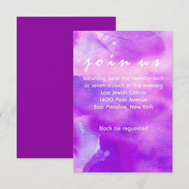 Carte de réception Bat mitzvah VIOLET WATERCOLOR (Devant / Derrière)