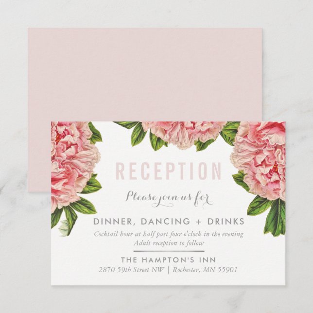 CARTE DE RÉCEPTION chic fleurs de paon floral rose (Devant / Derrière)