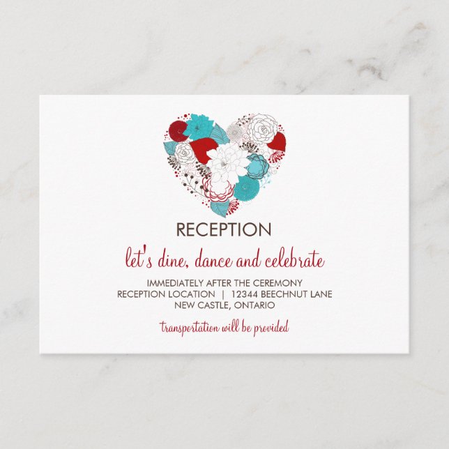 Carte de réception cœur floral fantaisiste bleu et (Devant)