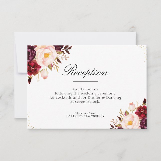 carte de réception de mariage aux fleurs bordeaux  (Devant)