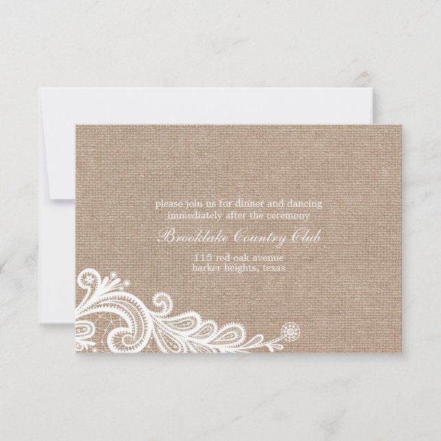 Carte de réception de mariage Burlap et dentelle (Devant)