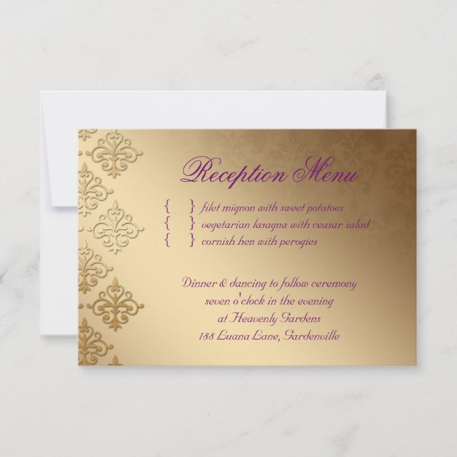 Carte de réception de mariage Damask indien violet (Devant)