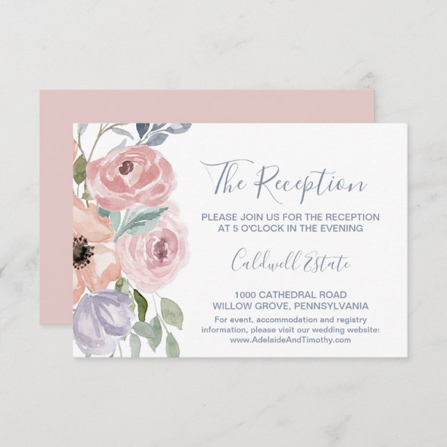 Carte de réception de mariage Dusty Rose Florals (Devant / Derrière)