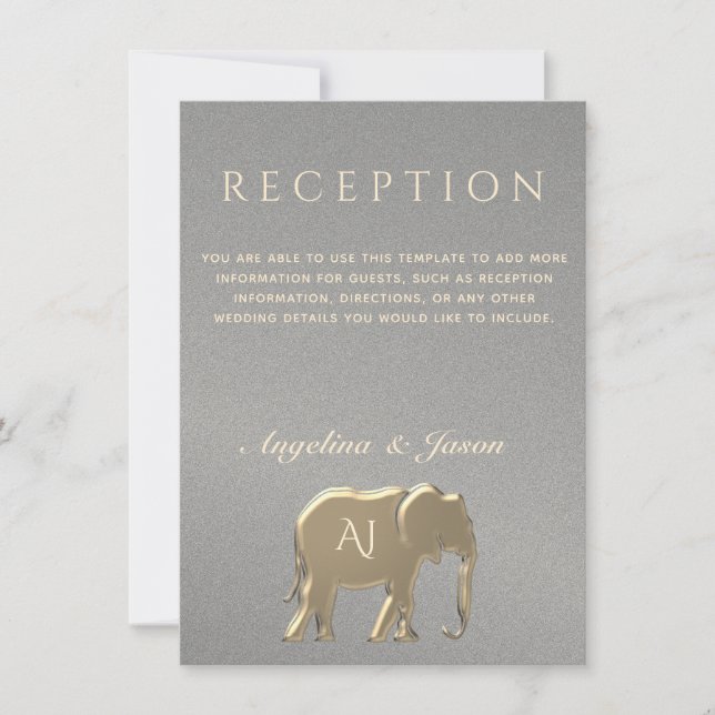 Carte de réception de mariage éléphant argent et o (Devant)