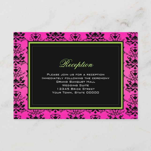 Carte de réception de mariage en damas vert rose e (Devant)