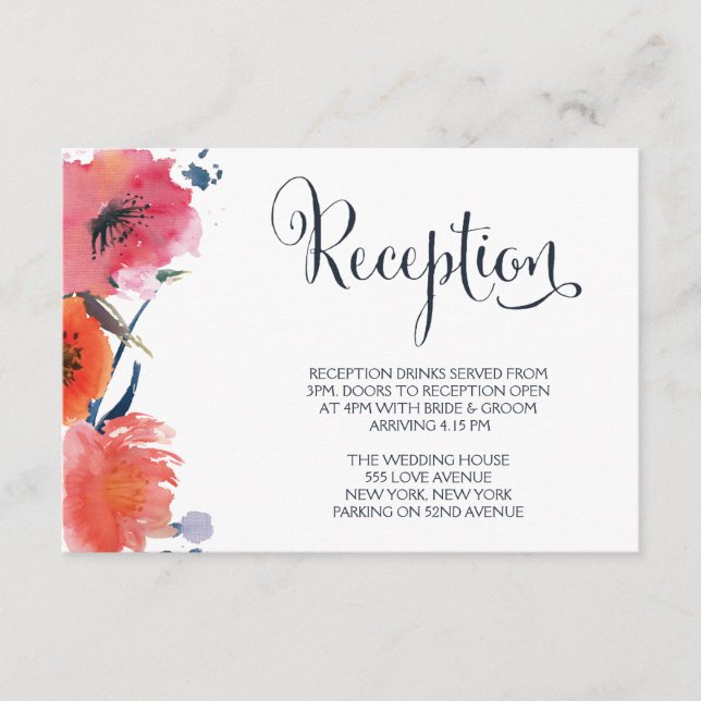 Carte de réception de mariage floral de la marine (Devant)