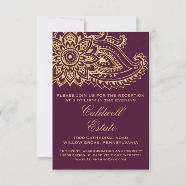 Carte de réception de mariage Gold Indian Paisley (Devant)