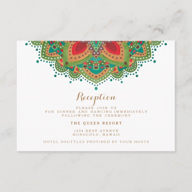 Carte de réception de mariage Green Mandala (Devant)
