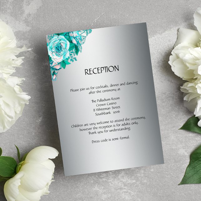 Carte de réception de mariage Rose Argent et Aqua (Créateur téléchargé)