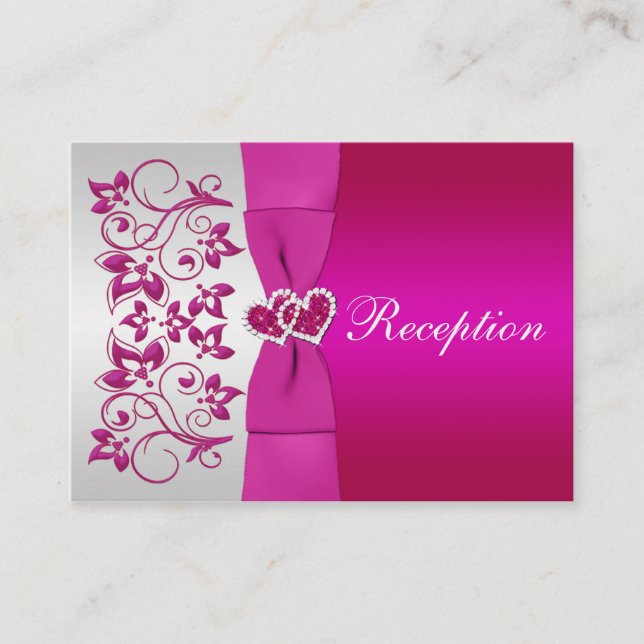 Carte de réception de mariage rose, argenté et flo (Devant)
