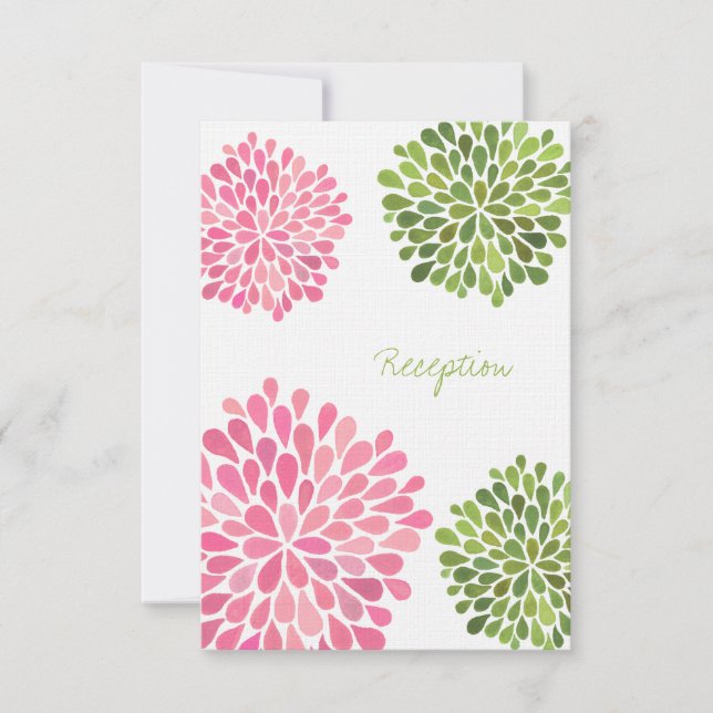 Carte de réception de mariage rose et fleurs verte (Devant)