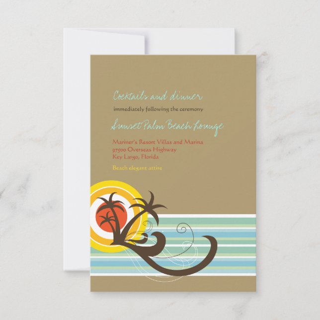 Carte de réception de mariage sur la plage aux pal (Devant)