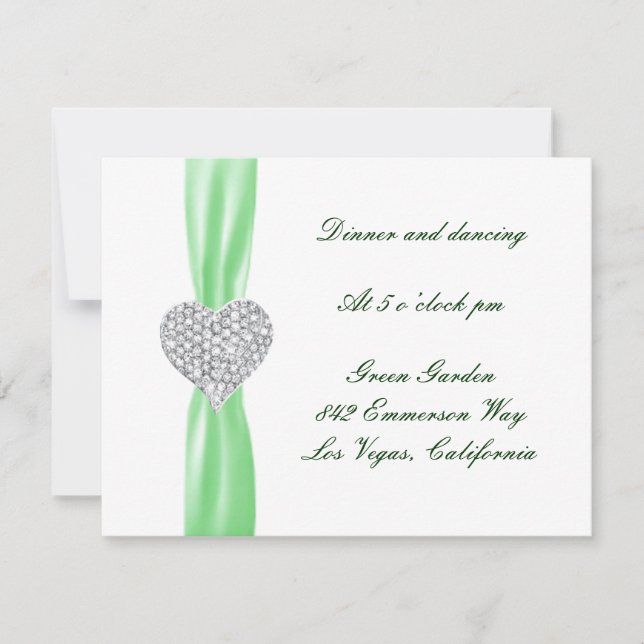 Carte de réception de mariage vert coeur diamant (Devant)