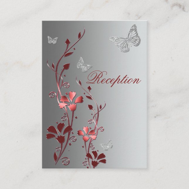 Carte de réception des papillons floraux rouges et (Devant)