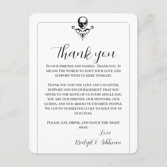 Carte de réception du Mariage gothique crâne Merci (Devant)