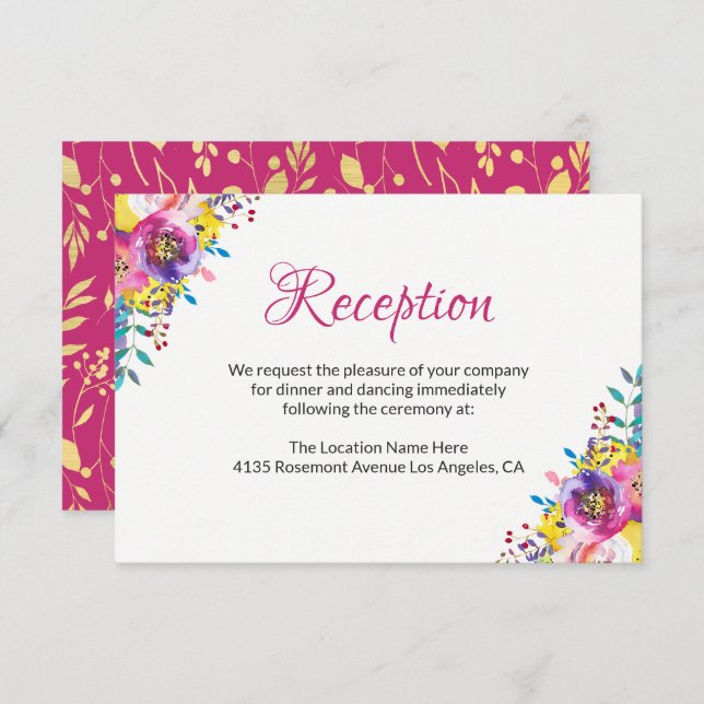Carte de réception Fuchsia Gold Blossom Floral Wed (Devant / Derrière)