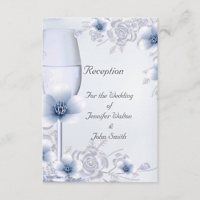 Carte de réception Mariage Argent Rose Fleur Bleue (Devant)