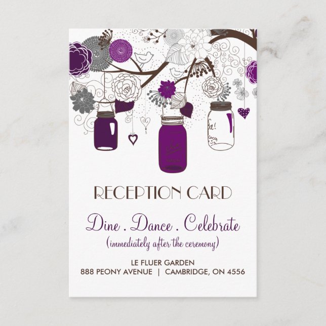Carte de réception Mason Jars Gris et Violet Flora (Devant)