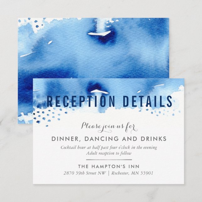 CARTE DE RÉCEPTION pinceau aquarelle élégant bleu  (Devant / Derrière)