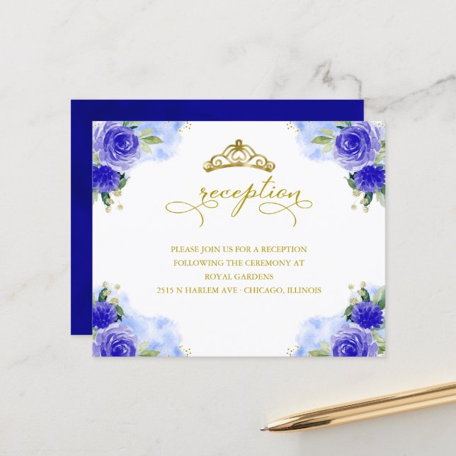 Carte de réception royale bleue Quinceanera Budget (Devant/Arrière en situation)