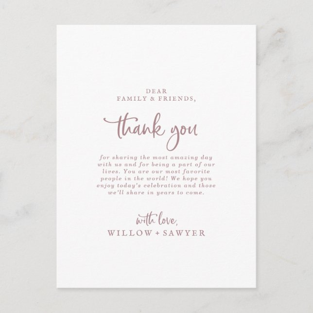 Carte de réception Rustique Rose Gold Script Merci (Devant)
