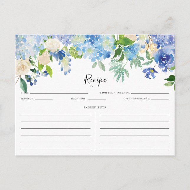 Carte de recette Aquarelle bleu et violet Hydrange (Devant)