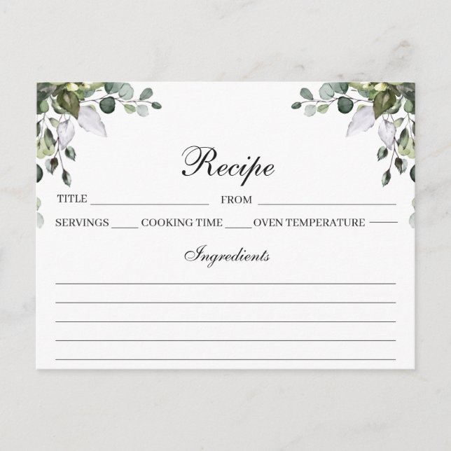 Carte de recette aquarelle Eucalyptus (Devant)