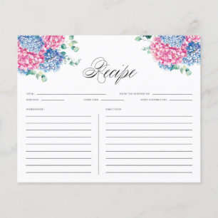 Carte de recette Aquarelle rose et bleu Hydrangeas