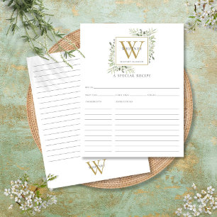 Carte de recette Aquarelle Verdure Or Monogramme
