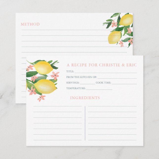 Carte de recette citrons rose doux Fleurs de texte (Devant / Derrière)