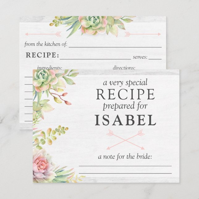 Carte de recette d'aquarelle rustique pour la mari (Devant / Derrière)