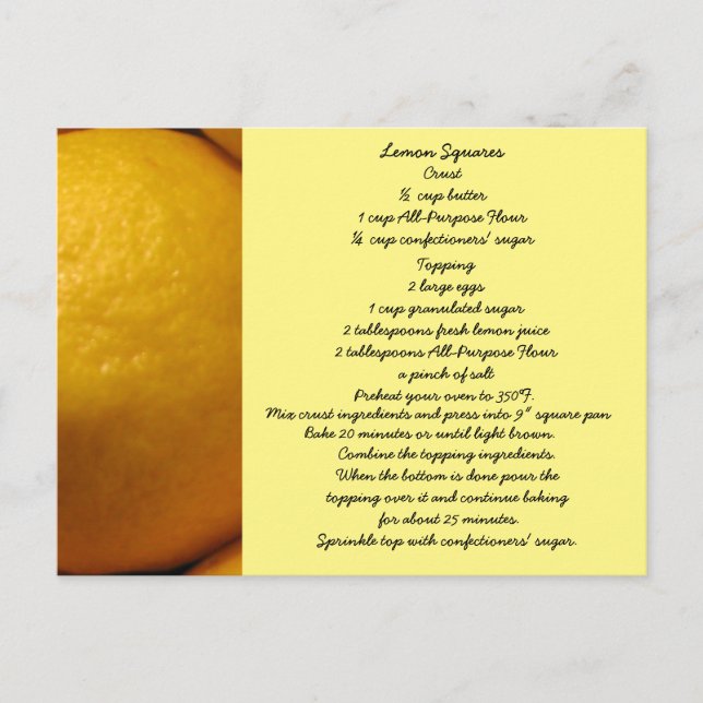 Carte de recette de carrés au citron (Devant)