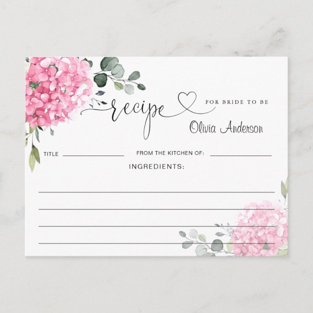 Carte de recette de douche de mariée à l'hydrangea (Devant)