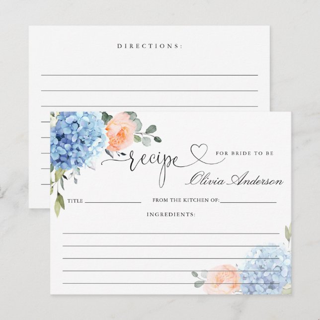 Carte de recette de douche nuptiale d'hortensia bl (Devant / Derrière)