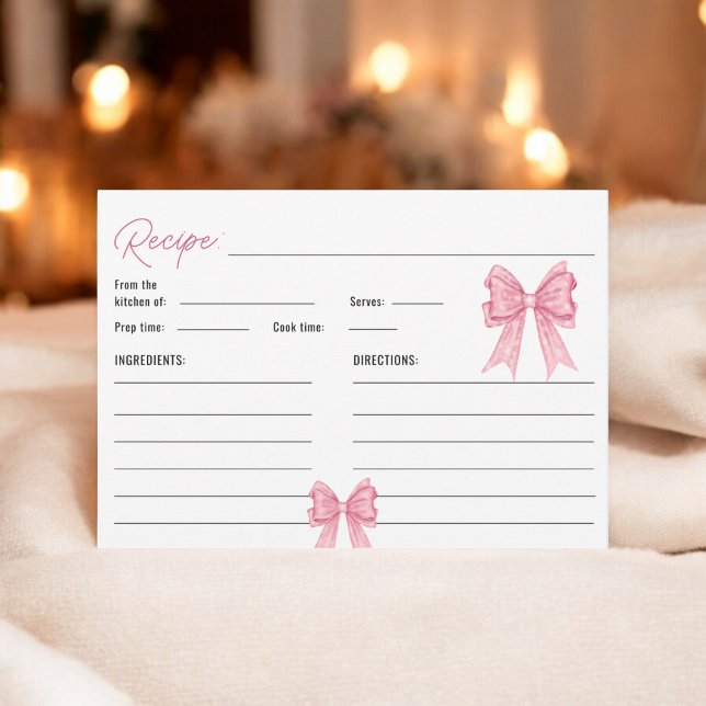 Carte de recette de Fête des mariées de cou rose d (Cute Coquette Pink Bow Bridal Shower Recipe Card)