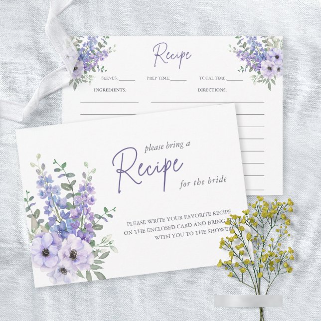 Carte de recette de Fête des mariées de fleurs pou (Watercolor Purple Flower Bridal Shower Recipe Card)
