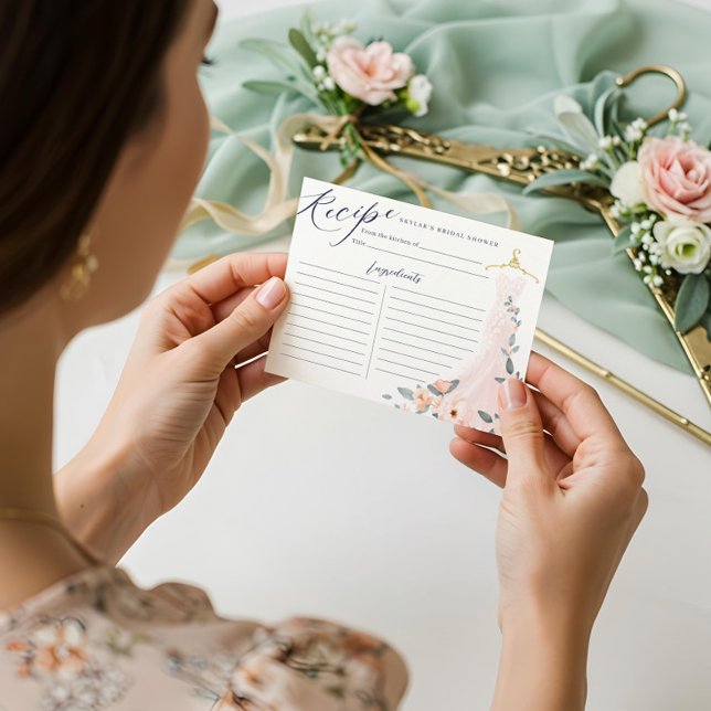 Carte de recette de Fête des mariées de robe Maria (Floral Wedding Dress Bridal Shower Recipe Card)