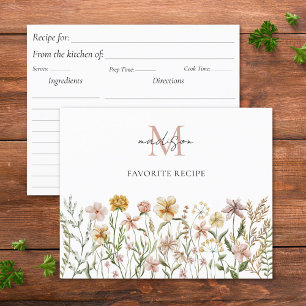 Carte de recette de fleur sauvage aquarelle monogr